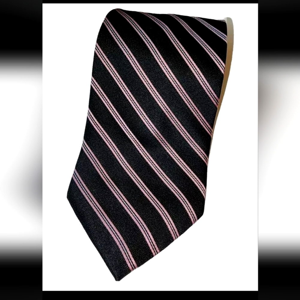 Burma Bibas striped silk tie, 62" L 4" W, Euc, black, white, pink stripes